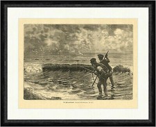 La caccia sulla spiaggia Campriani gabbiani onde cacciatori fucili lago facsimile_E 3963