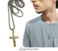 Collana Croce Uomo in Acciaio con croce  Oro Giallo  e bianco con brillantino