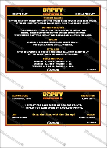 Gottlieb rocky 1982 cartes - gottlieb,