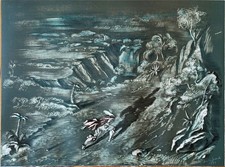 Andrea Granchi litografia 1983 Paesaggio Fantastico 75x55 firmata numerata