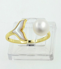 Perla Bianca Argento 925 Oro Giallo Anello Regolabile Misura UK o-Us 7 1/4 Box