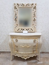 MOBILE BAGNO E SPECCHIO IN LEGNO AVORIO FOGLIA ORO CON CRISTALLI E TOP MARMO