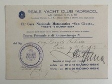 Tessera Sport GARA NAZIONALE MOTONAUTICA Trieste 19/6/ 1932 YACHT CLUB ADRIATICO