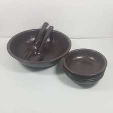 7 Pc Salad Bowl Set Parquet Basket Weave Fork Spoon Vintage Brown Bowls