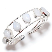 Bracciale etnico fatto a mano in argento 925 con pietre di luna arcobaleno re...