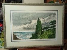 ALBERTO SUGHI LITOGRAFIA PAESAGGIO MARE FIRMATA E NUMERATA CORNICE  95X70 CM