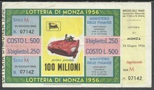 biglietto Lotteria di Monza - intero con tagliando - 1956