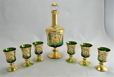 N4768 STUPENDA BOTTIGLIA VERDE + 6 BICCHIERI CRISTALLO TIPO MURANO e ORO 24 KT