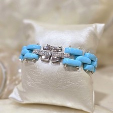 Bracciale In Pasta Di Turchese, Chiusura In Argento 925 E Zirconi, Artigianale