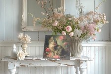 QUADRO con GATTO gattino VINTAGE legno stampa FIORI unico HOME DECOR