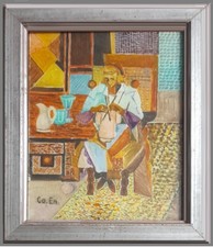 ARTE NAIF - SIGNORA SFERRUZZA A MAGLIA olio vetro ENRICO COPETTA COEN  BRESCIA