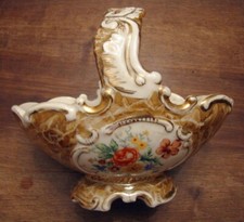 cestino in ceramica vintage decorato a mano in dorato rose e fiori metallizzato