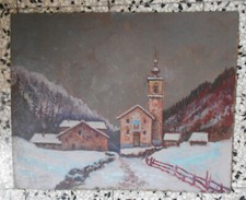 B. GHIVARELLO ? OLIO SU CARTONE QUADRO DIPINTO PAESAGGIO INNEVATO CON CHIESA 