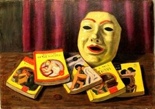 DIPINTO NATURA MORTA D. Piazza ROMANZO GIALLO MASCHERA TENDA SIPARIO MONETA 1960