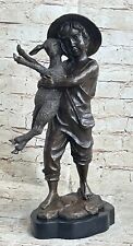 Antico Stile Raro Bronzo Scultura con Fischio Bambino- Art Deco- Lamb -farmboy