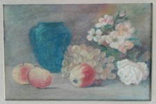 Vecchio dipinto ad olio natura morta con frutta e fiori.