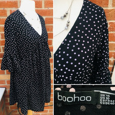 Abito BOOHOO taglia 14 nero bianco Natale vacanze a pois ottimo S8