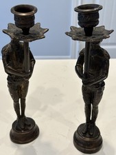 (2) VTG Cast Bronze Digital Siamese Thai Courtiers/Torchbearers Candle Holders