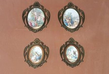 4 Placche In Porcellana - Miniature - Cornice in Bronzo