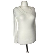 Maglia da donna bianca panna scollo a V large di lana cachemire calda vintage L