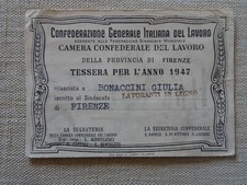 Tessera C.G.I.L. Firenze 1947 Lavoranti in legno.