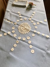 Lino Azzurra Tovaglia Tè + 6 Tovaglioli  Ricamo A Mano e Pizzo Uncinetto 