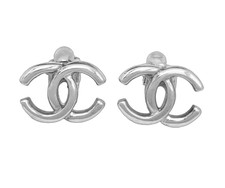 Orecchini CHANEL CC Logo Placcato Argento Clip-on Con Custodia Quasi Come Nuovi