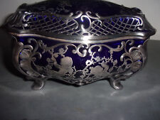Portagioielli grande cofanetto antico blu cobalto decori argento integro raro