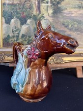 Bottiglia Barbotina Anni 1900 Ceramica Dipinta Animaliere Cavallo E Jockey