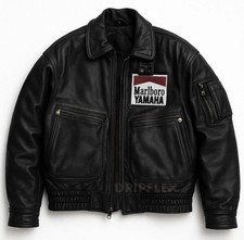 90's Black Embroidered F1 Racing Vintage Bomber Real Leather Motorbike Jacket