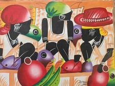 Dipinto "Naif Haitian" acrilico su tela 60 cm x 50 cm " Scena Mercato "