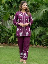 Set pantaloni camicia donna mussola Chikankari Coord abbigliamento etnico ricamati a mano