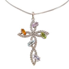 Collana Donna Argento 925 Croce Pendente con Zirconi e Pietre Naturali Colorate
