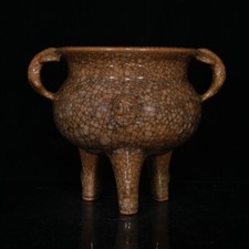 Fornello doppio orecchio 6,8" Cina antica porcellana Song Guan forno crack ghiaccio