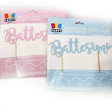 Cake Topper Decorazione Torta Pasticceria Battesimo Rosa Celeste 1pz 12154
