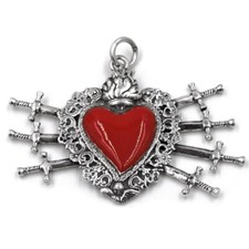 Ciondolo Cuore Ex Voto con Sette Spade in Argento 800 Smaltato Rosso