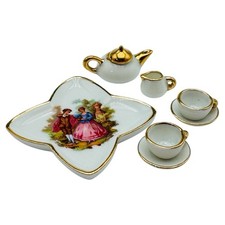 Vintage Limoges Gold Trim Miniatura Casa delle Bambole Set da Tè Fragonard Corteggio Coppia