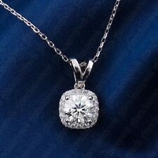 7 mm Cushion Cut Moissanite Halo Pendant No Necklace 14K White Gold Plated