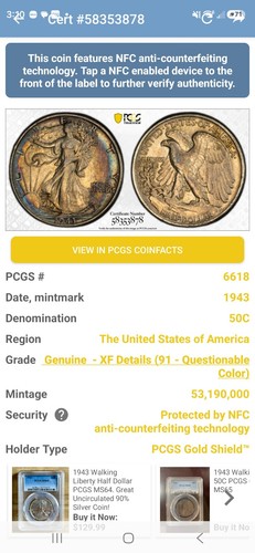 Toned 1943 walking liberty - p,
