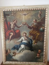 ANTICO DIPINTO - Primi 1700 - Incoronazione della Vergine. Olio su tela 