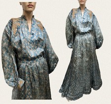 Antico ABITO VITTORIANO GIBSON GIRL 1900 addestrato FRANCESE BLU SETA FLOREALE 2 pezzi $nr