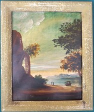 Quadro dipinto ad olio su tavoletta paesaggio con figure cm 35,5 x 29,5