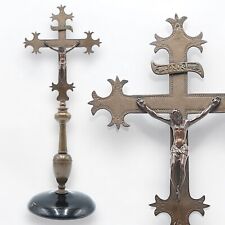 ANTICO CROCIFISSO CROCE PROCESSIONALE IN BRONZO CON BASE ITALIA 1600 XVII sec