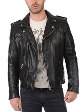 Giacca In Vera Pelle Di Agnello Nera Slim Fit Da Uomo Vintage U666