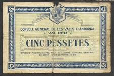 ANDORRA   5  PESETAS  1936