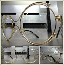 Donna Sovradimensionato Vintage Retrò Stile Lenti Trasparenti Occhiali Tondo Oro