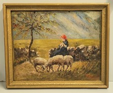 ANTICO DIPINTO olio tavola PASTORELLA pascolo GREGGE PECORE epoca '900 MONTAGNE