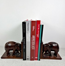 COPPIA ELEFANTI FERMALIBRI IN LEGNO MASSICCIO TEAK CON INSERTI IN OSSO