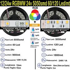 Strip RGBWW (Bianco Caldo) 12/24w 24v 5050 60/120 Led/m kit 5>15m Striscia Led