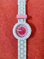 Flik Flak Swiss Pink Dial Green Rotating Bezel Round Case Green Silicone Watch